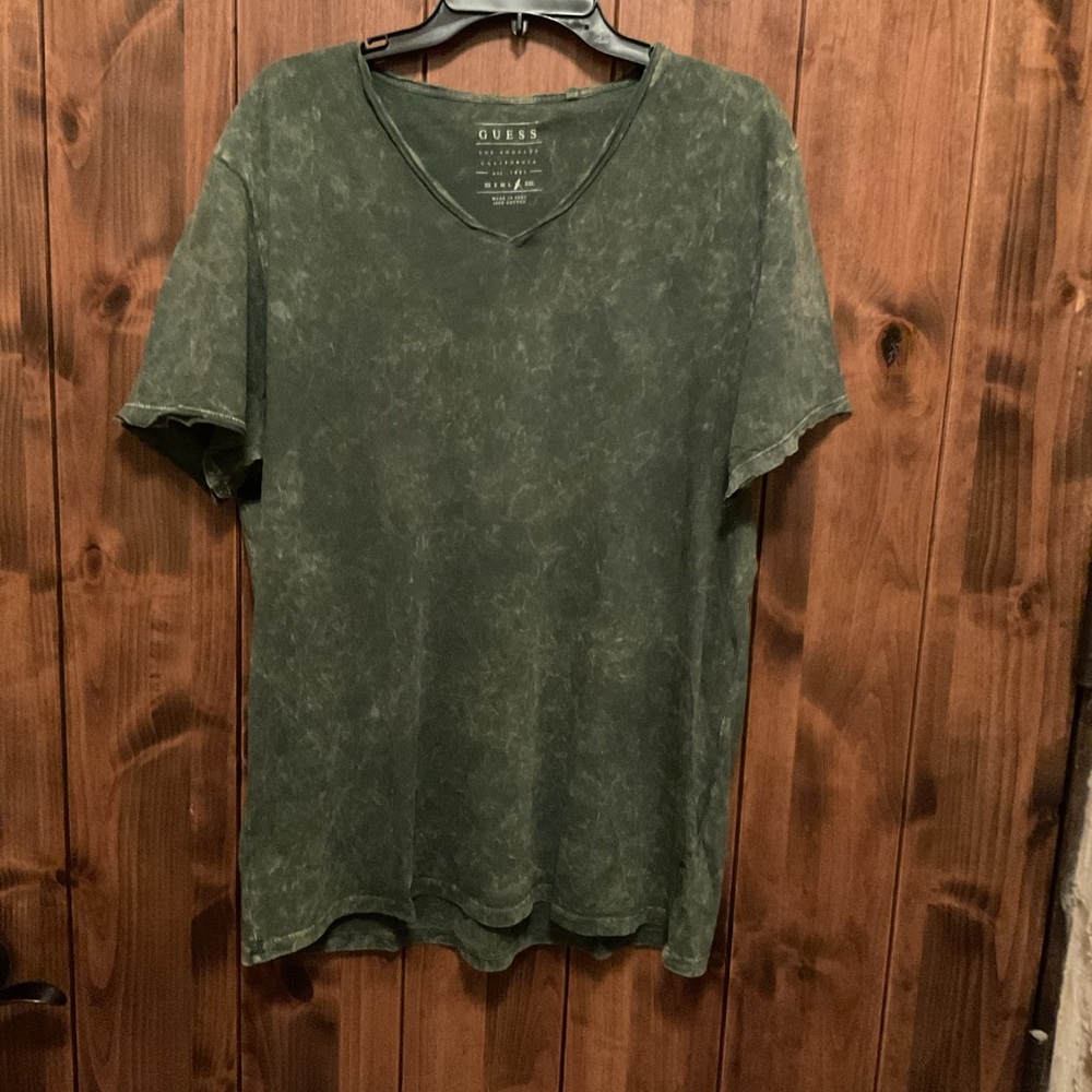 GUESS Men's Mineral Wash Olive Green V-Neck Tee